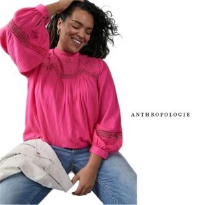 NEW Anthropologie Harmony Hot Pink Lace Embroidered Blouse